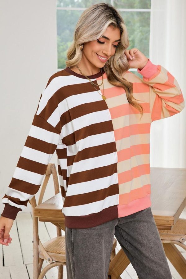 Women Sweatshirts & Hoodies | Brown Stripe Color Block Drop Shoulder Pullover Sweatshirt - Image 3