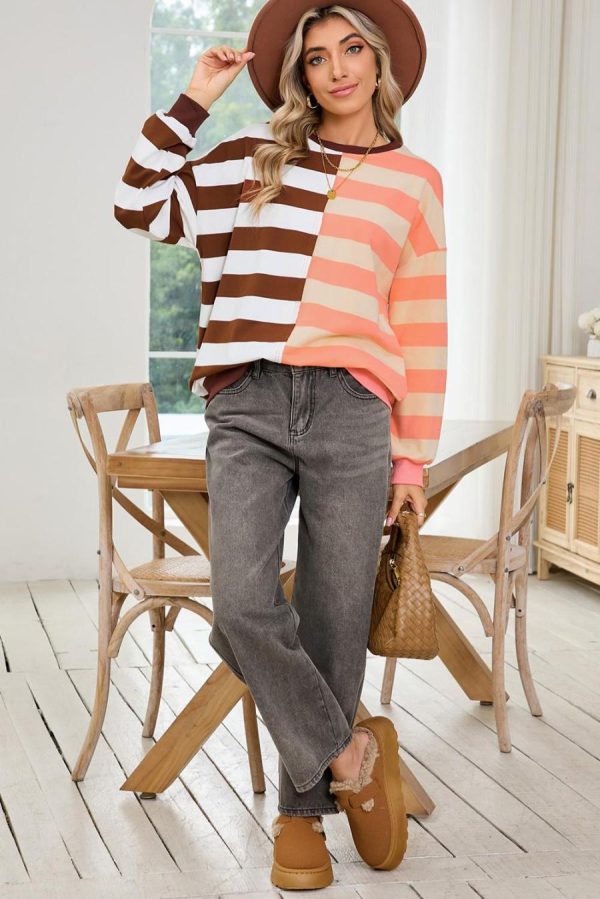 Women Sweatshirts & Hoodies | Brown Stripe Color Block Drop Shoulder Pullover Sweatshirt - Image 4