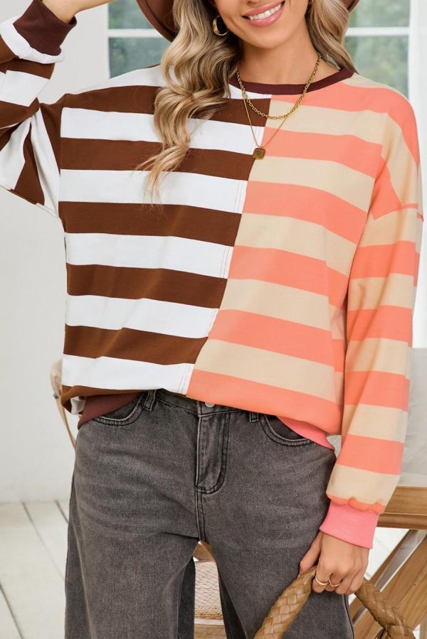 Women Sweatshirts & Hoodies | Brown Stripe Color Block Drop Shoulder Pullover Sweatshirt - Image 5