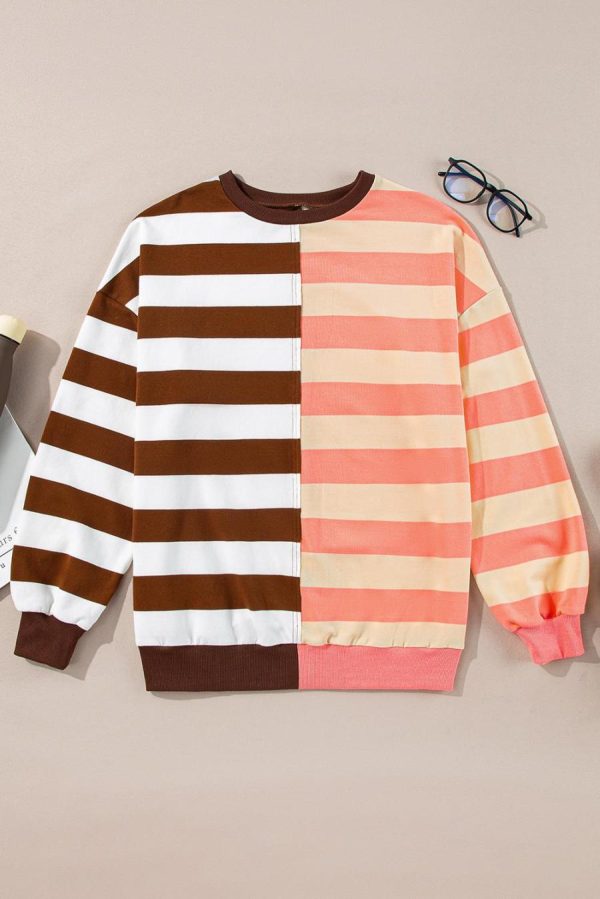Women Sweatshirts & Hoodies | Brown Stripe Color Block Drop Shoulder Pullover Sweatshirt - Image 6