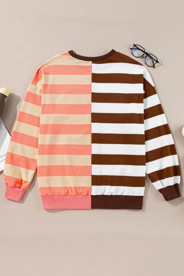 Women Sweatshirts & Hoodies | Brown Stripe Color Block Drop Shoulder Pullover Sweatshirt - Image 7