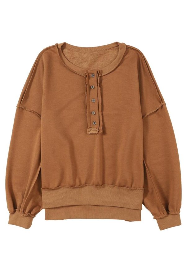 Women Sweatshirts & Hoodies | Chestnut Slouchy Drop Shoulder Henley Sweatshirt - Image 7