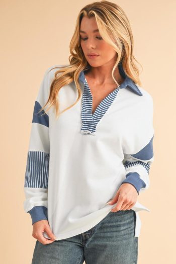 Women Sweatshirts & Hoodies | Dark Blue Striped Patchwork Collar Sweatshirt
