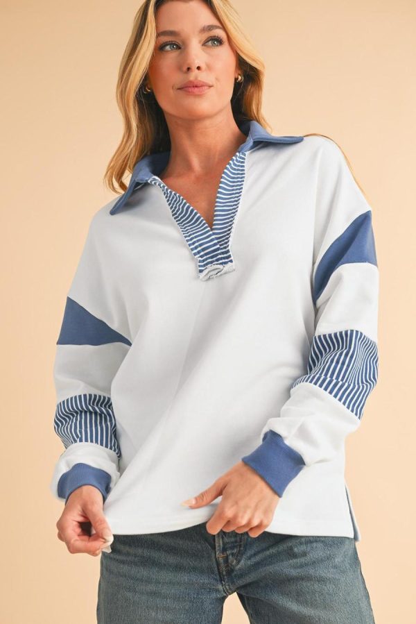 Women Sweatshirts & Hoodies | Dark Blue Striped Patchwork Collar Sweatshirt - Image 2