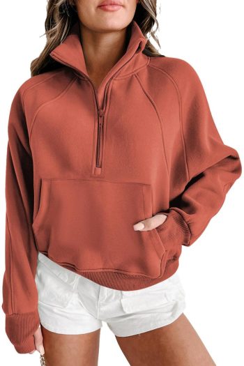 Women Sweatshirts & Hoodies | Flamingo Zip Up Stand Collar Ribbed Thumbhole Sleeve Sweatshirt