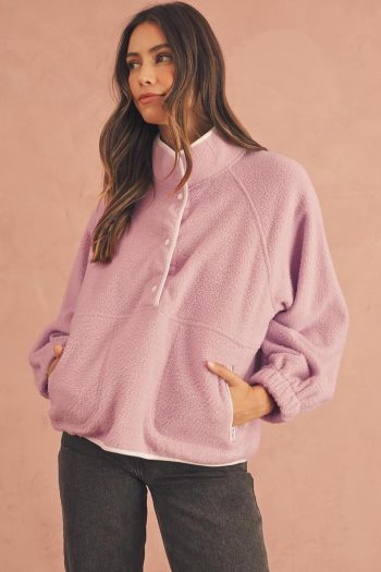 Women Sweatshirts & Hoodies | Fushia High Collar Long Sleeve Pocket Pullover Sweatshirt