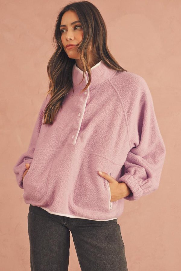 Women Sweatshirts & Hoodies | Fushia High Collar Long Sleeve Pocket Pullover Sweatshirt