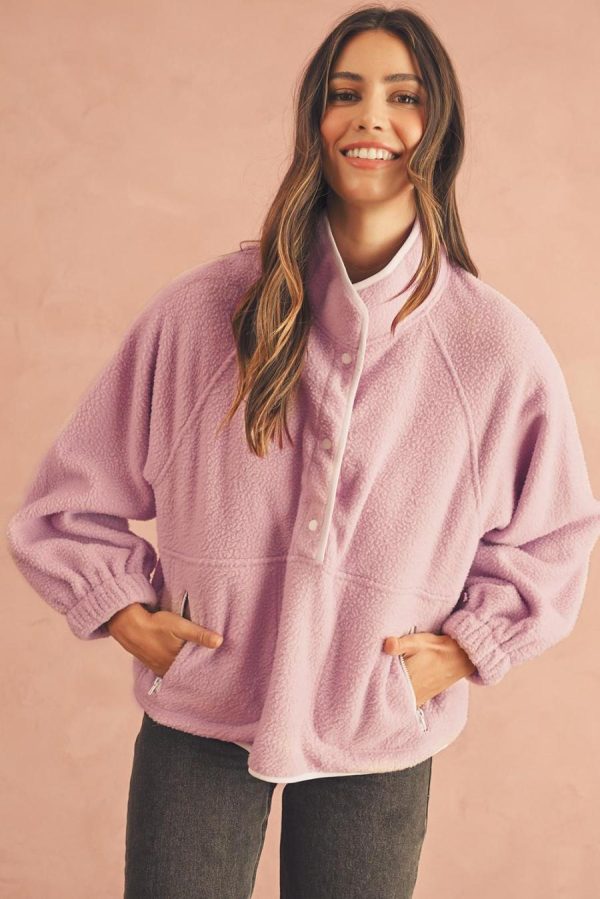 Women Sweatshirts & Hoodies | Fushia High Collar Long Sleeve Pocket Pullover Sweatshirt - Image 2