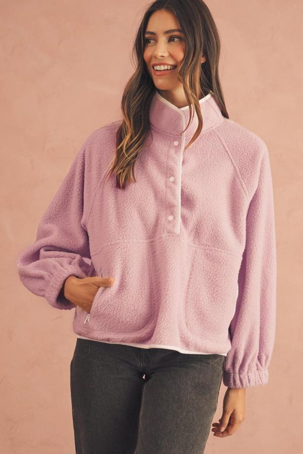 Women Sweatshirts & Hoodies | Fushia High Collar Long Sleeve Pocket Pullover Sweatshirt - Image 3
