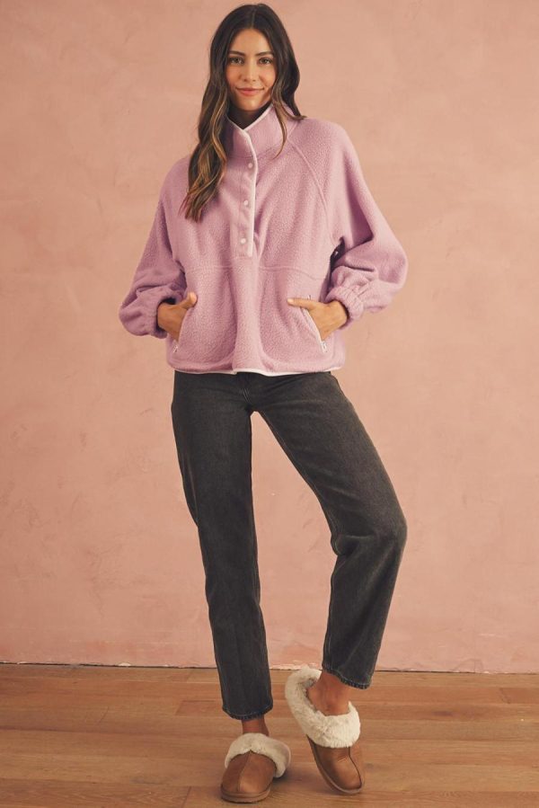 Women Sweatshirts & Hoodies | Fushia High Collar Long Sleeve Pocket Pullover Sweatshirt - Image 4