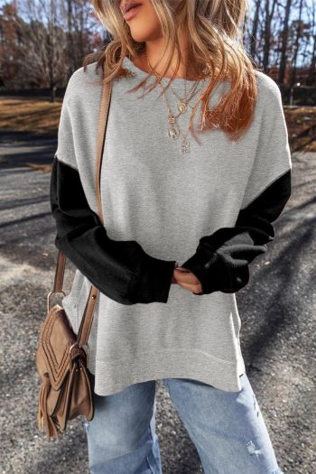 Women Sweatshirts & Hoodies | Gray Two Tone Patchwork Drop Shoulder Pullover Sweatshirt