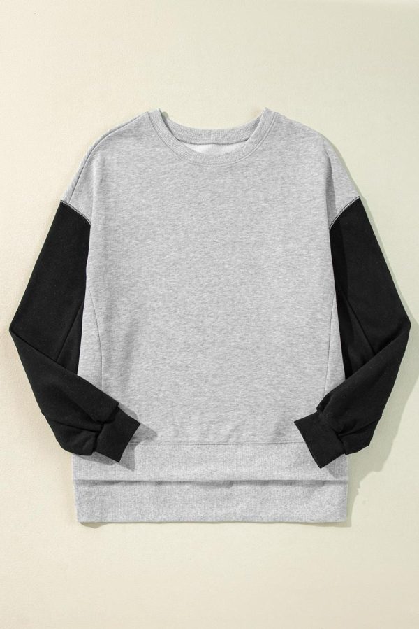 Women Sweatshirts & Hoodies | Gray Two Tone Patchwork Drop Shoulder Pullover Sweatshirt - Image 2