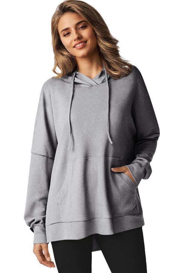 Women Sweatshirts & Hoodies | Gray Waffle Knit High Low Oversized Hoodie - Image 2