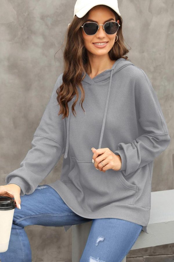 Women Sweatshirts & Hoodies | Gray Waffle Knit High Low Oversized Hoodie - Image 5