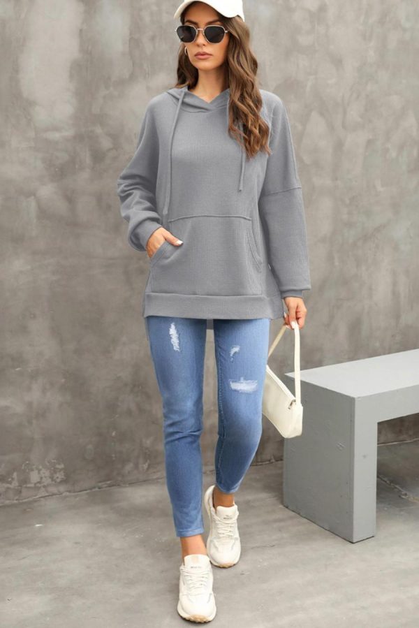Women Sweatshirts & Hoodies | Gray Waffle Knit High Low Oversized Hoodie - Image 6
