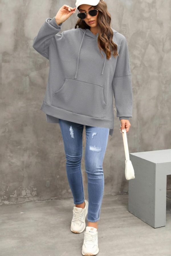 Women Sweatshirts & Hoodies | Gray Waffle Knit High Low Oversized Hoodie - Image 7