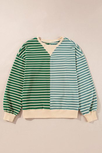 Women Sweatshirts & Hoodies | Green Stripe Colorblock Drop Shoulder Oversized Sweatshirt