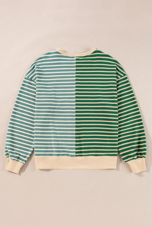 Women Sweatshirts & Hoodies | Green Stripe Colorblock Drop Shoulder Oversized Sweatshirt - Image 2