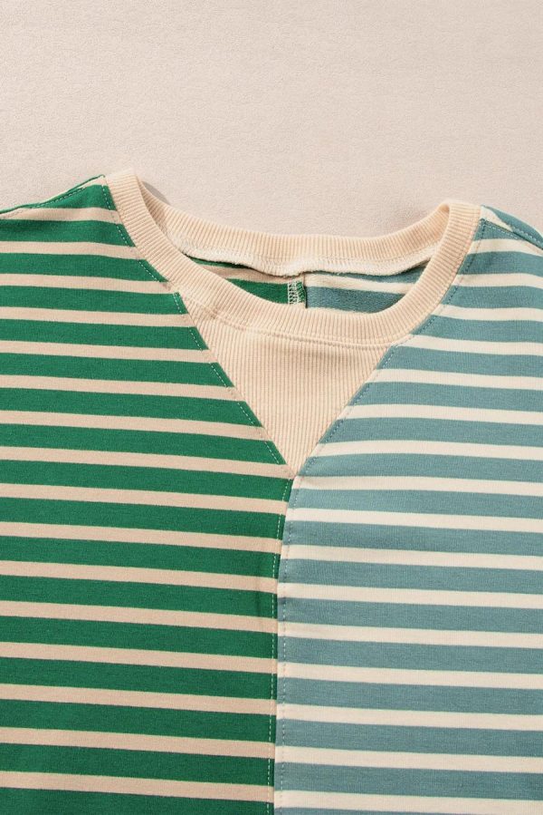 Women Sweatshirts & Hoodies | Green Stripe Colorblock Drop Shoulder Oversized Sweatshirt - Image 3