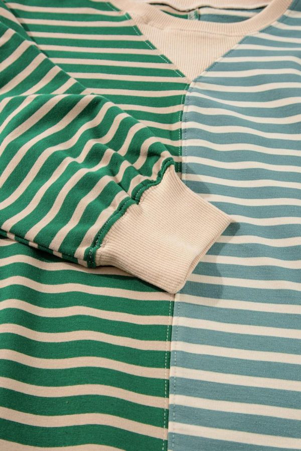 Women Sweatshirts & Hoodies | Green Stripe Colorblock Drop Shoulder Oversized Sweatshirt - Image 4