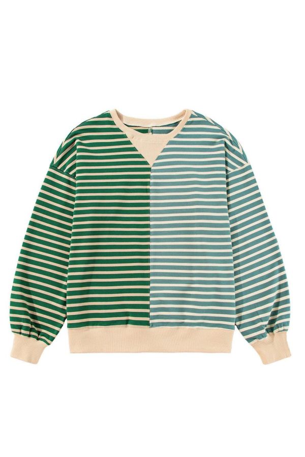 Women Sweatshirts & Hoodies | Green Stripe Colorblock Drop Shoulder Oversized Sweatshirt - Image 7