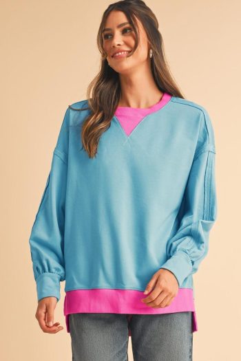 Women Sweatshirts & Hoodies | Light Blue Drop Sleeve Contrast Trim Oversized Sweatshirt