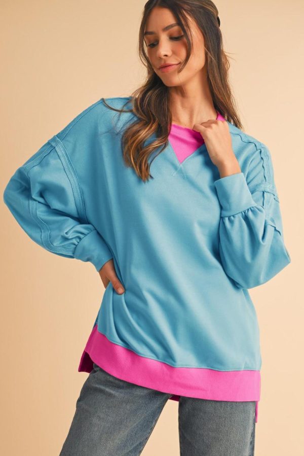 Women Sweatshirts & Hoodies | Light Blue Drop Sleeve Contrast Trim Oversized Sweatshirt - Image 2