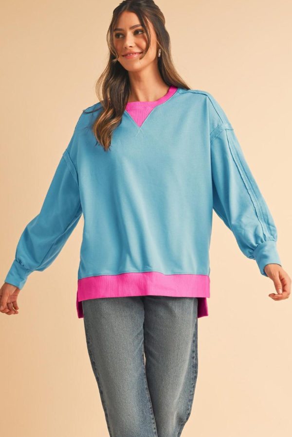 Women Sweatshirts & Hoodies | Light Blue Drop Sleeve Contrast Trim Oversized Sweatshirt - Image 3