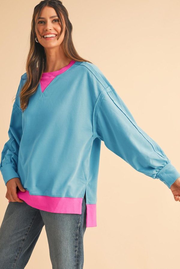 Women Sweatshirts & Hoodies | Light Blue Drop Sleeve Contrast Trim Oversized Sweatshirt - Image 4