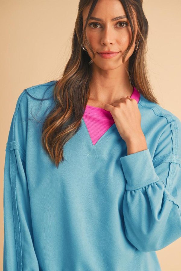 Women Sweatshirts & Hoodies | Light Blue Drop Sleeve Contrast Trim Oversized Sweatshirt - Image 5