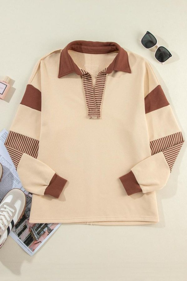 Women Sweatshirts & Hoodies | Light French Beige Striped Patchwork Collar Sweatshirt - Image 2