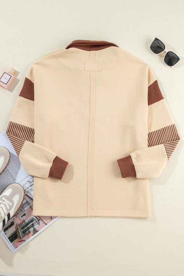 Women Sweatshirts & Hoodies | Light French Beige Striped Patchwork Collar Sweatshirt - Image 3
