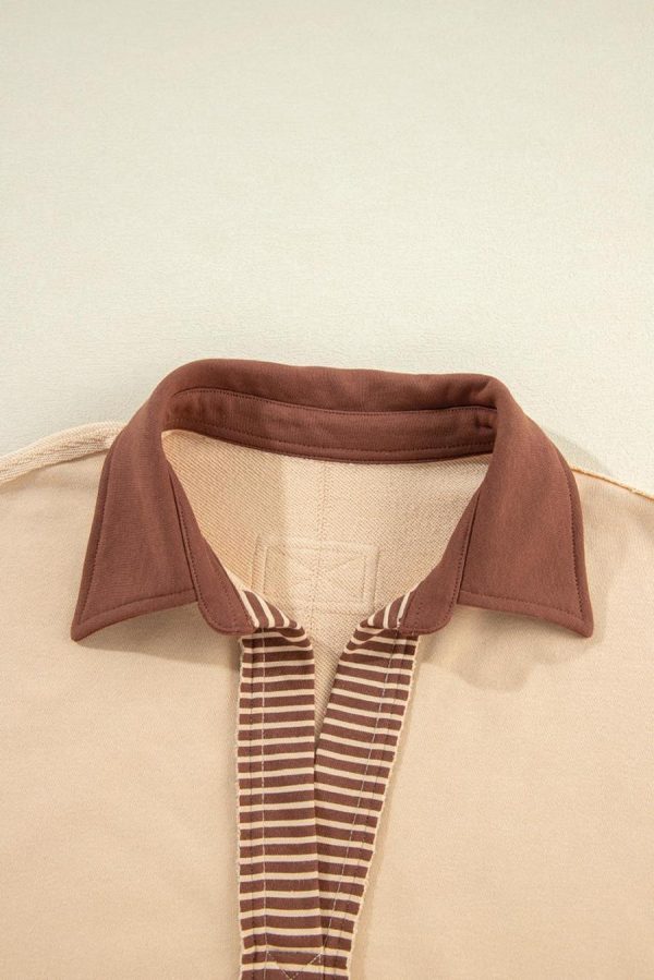 Women Sweatshirts & Hoodies | Light French Beige Striped Patchwork Collar Sweatshirt - Image 4
