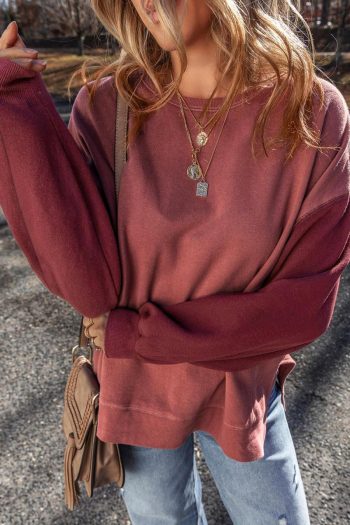 Women Sweatshirts & Hoodies | Mineral Red Two Tone Patchwork Drop Shoulder Pullover Sweatshirt
