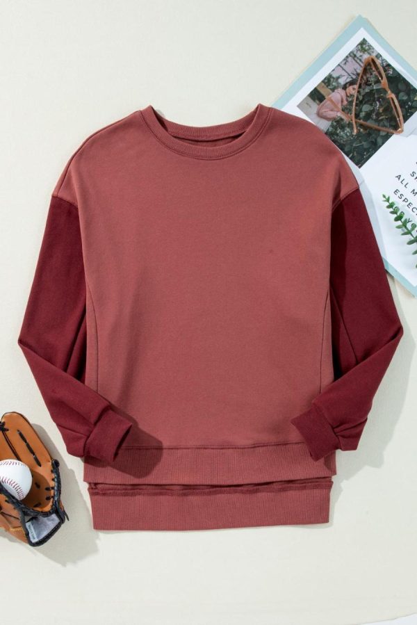 Women Sweatshirts & Hoodies | Mineral Red Two Tone Patchwork Drop Shoulder Pullover Sweatshirt - Image 2