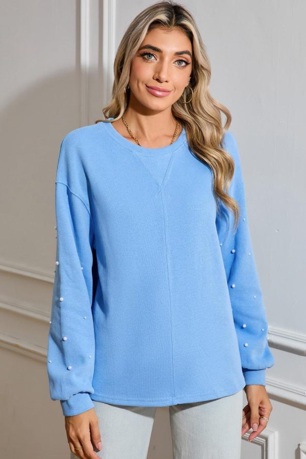 Women Sweatshirts & Hoodies | Myosotis Pearl Sleeves Ribbed Pullover Sweatshirt - Image 2