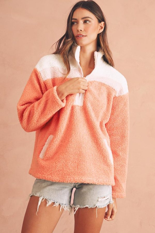 Women Sweatshirts & Hoodies | Orange Colorblock Zipper Stand Neck Sherpa Sweatshirt - Image 4