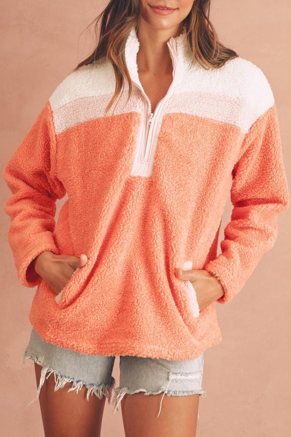 Women Sweatshirts & Hoodies | Orange Colorblock Zipper Stand Neck Sherpa Sweatshirt - Image 5