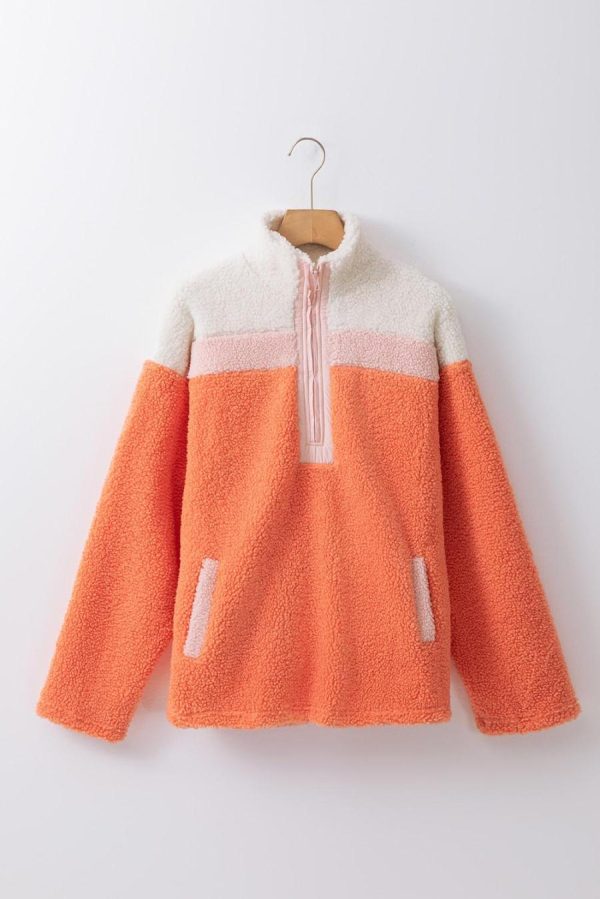 Women Sweatshirts & Hoodies | Orange Colorblock Zipper Stand Neck Sherpa Sweatshirt - Image 6