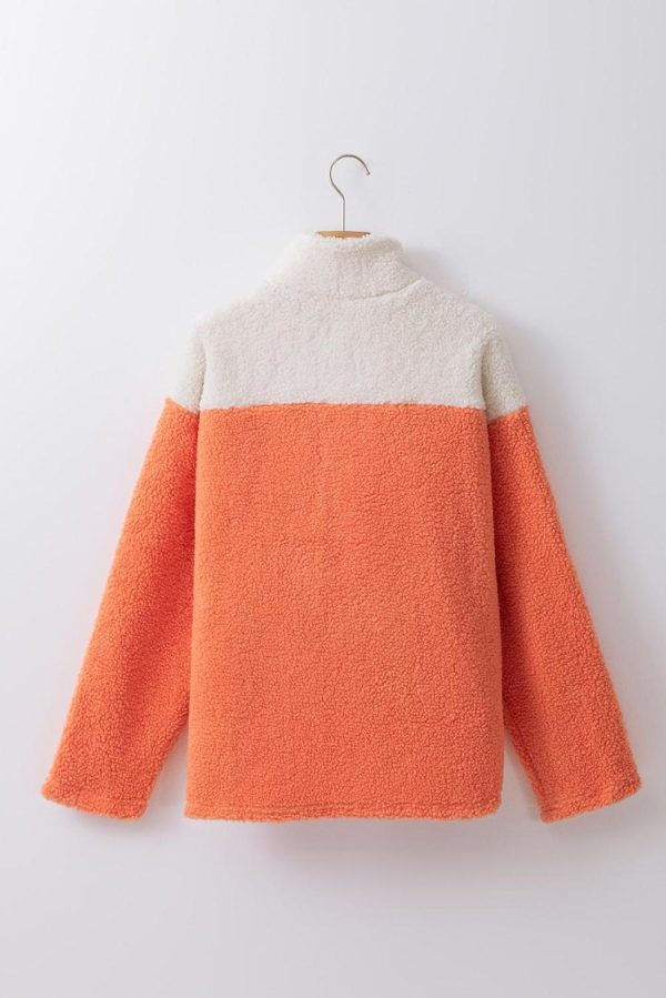 Women Sweatshirts & Hoodies | Orange Colorblock Zipper Stand Neck Sherpa Sweatshirt - Image 7