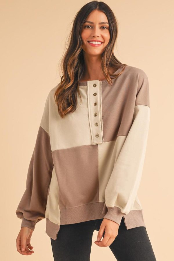 Women Sweatshirts & Hoodies | Parchment Colorblock Henley High Low Loose Sweatshirt