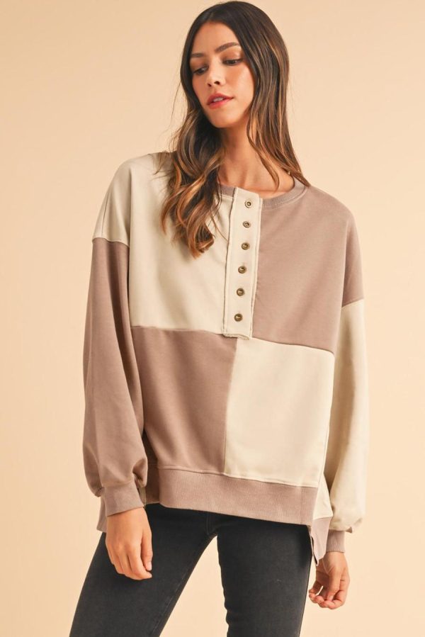 Women Sweatshirts & Hoodies | Parchment Colorblock Henley High Low Loose Sweatshirt - Image 2