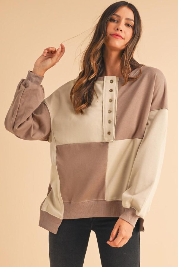 Women Sweatshirts & Hoodies | Parchment Colorblock Henley High Low Loose Sweatshirt - Image 3