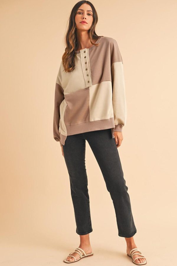Women Sweatshirts & Hoodies | Parchment Colorblock Henley High Low Loose Sweatshirt - Image 4
