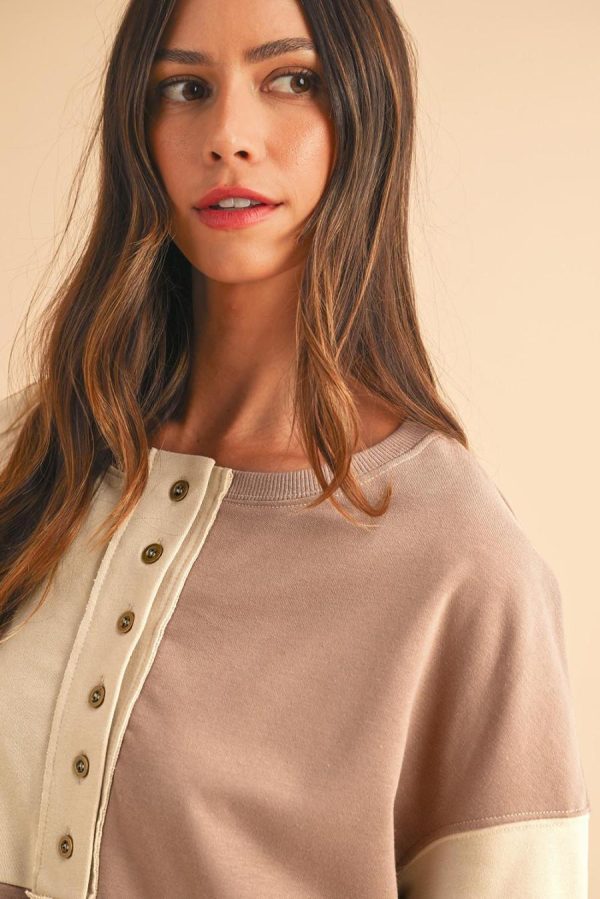Women Sweatshirts & Hoodies | Parchment Colorblock Henley High Low Loose Sweatshirt - Image 5