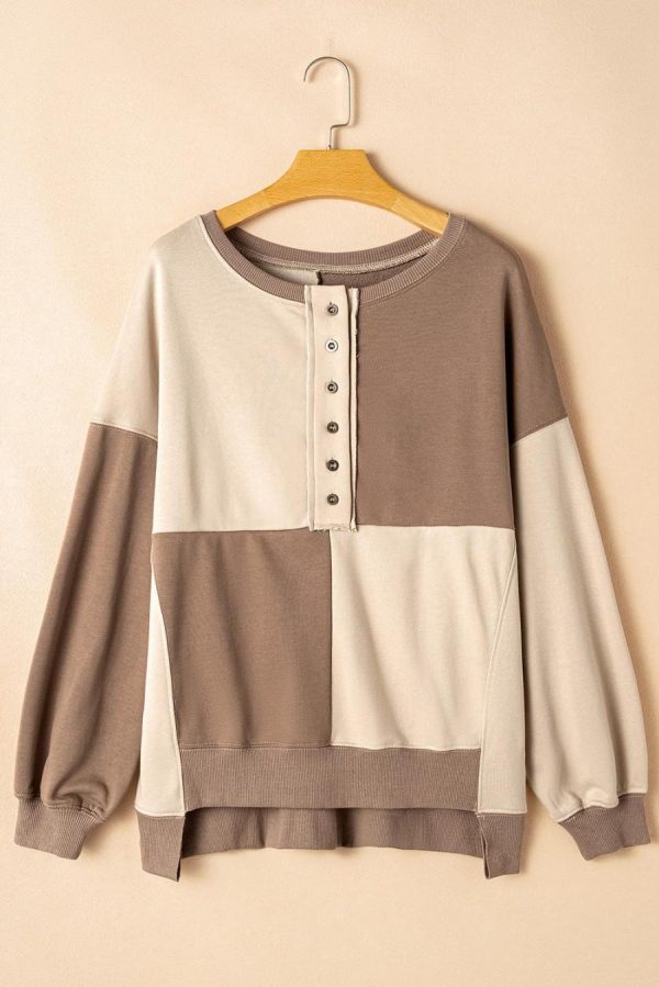Women Sweatshirts & Hoodies | Parchment Colorblock Henley High Low Loose Sweatshirt - Image 6