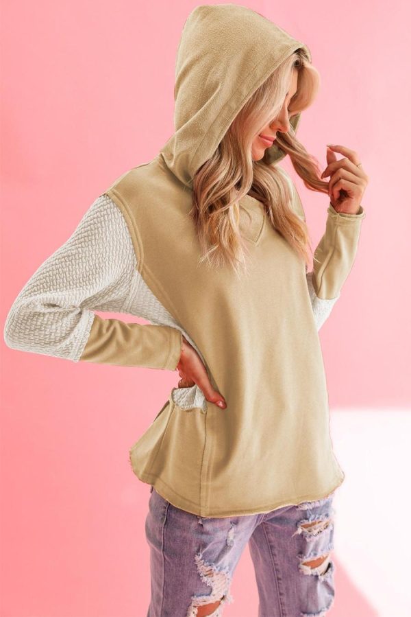 Women Sweatshirts & Hoodies | Parchment Textured Splicing Sleeve Raw Hem Hoodie