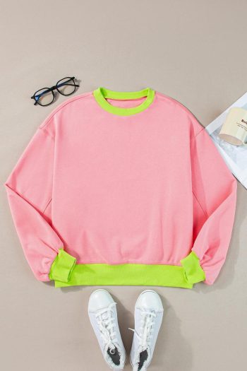 Women Sweatshirts & Hoodies | Pink Contrast Trim Bubble Sleeve Sweatshirt