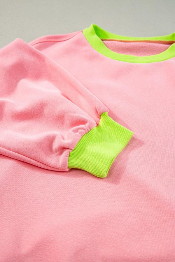 Women Sweatshirts & Hoodies | Pink Contrast Trim Bubble Sleeve Sweatshirt - Image 4