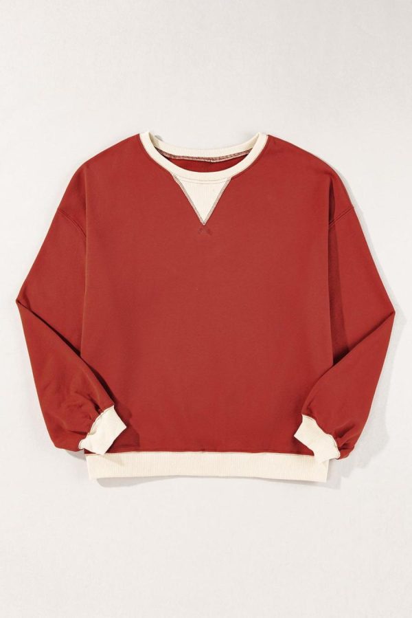 Women Sweatshirts & Hoodies | Red Clay Color Block Drop Shoulder Crewneck Oversized Sweatshirt - Image 3